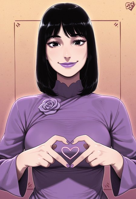 dartILL,  
1girl, solo, medium build, medium hair, sfw, safe for work, covered skin, flowy dress,  black eyes, purple lipgloss, smiling, portrait, upper body, heart hands, foreshortening, detailed, newest,