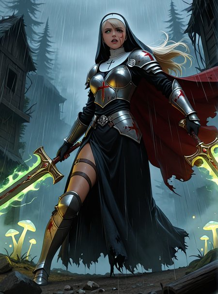 absurdres, high detail, cinematic lighting, dynamic pose, dramatic pose, ethereal glow, dark fantasy, masterpiece, dynamic perspective, medieval fantasy, intricate armor, heavy rain, heavy wind,
BREAK
1girl, solo, warrior nun, bloodied, battle scars, eye trails, intense gaze, solemn expression, beige hair color hair, asymmetrical bangs, long flowing hair, tattered habit, torn clothes, ripped clothes, crimson-stained robes
BREAK
glowing warhammer, sacred warrior, blood splatter, blood on face, blood on clothes, 
BREAK
outdoors, ruins, war-torn, an enchanted forest, with glowing mushrooms, winding dirt paths, and wooden cabins nestled among the towering trees, ominous atmosphere, divine aura, fog, foggy battlefield
BREAK
IllusP0s
<lora:slau_n11:1>
<lora:FantasyKnightsIL:0.35>
<lora:SDXL - Dark Slider:0.35>
<lora:SDXL - Detailed Eyes v3.0:0.8>   
<lora:SDXL - Dynamic Poses  v1.0:2.0>