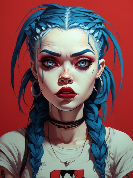 (Jinx of arcane:1.2), white woman with blue braids hair, in the style of Gorillaz's Demon Days album|iconic red hue background|stark contrast|((expressive eyes))|urban setting|(stylized:1.5). 
This creature is truly a marvel of nature!, masterpiece, best quality, detailed, realistic, 8k UHD, high quality, lifelike, precise, vibrant, absurdres, rendered in a cinematic, HDR style, 8K resolution
masterpiece, best quality, detailed, realistic, 8k UHD, high quality, lifelike, precise, vibrant, 
<lora:xl_more_art-full-beta1:0.9>