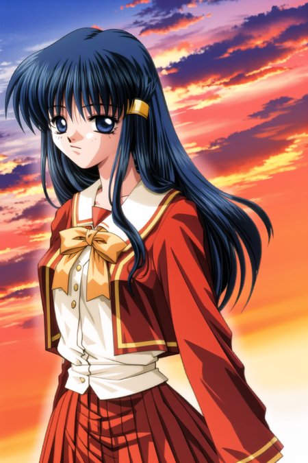 amasawa ikumi, 1girl, solo, long hair, bangs, blue eyes, skirt, hair ornament, long sleeves, bow, school uniform, blue hair, outdoors, sky, hairclip, cloud, red skirt, plaid skirt, cloudy sky, wind, yellow bow, sunset, sun, horizon, twilight, evening, gradient sky, orange sky, dusk, red sky, yellow sky
<lora:moon-v2:1.0>