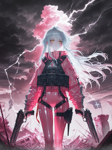 (artist:onineko:0.8264462809917354), artist:hito komoru, (artist:quasarcake:1.1), (artist:reoen:0.8264462809917354), artist:machi, (7769:1.2100000000000002), year 2002, pink theme, (oil painting:0.9090909090909091), medium, shiny skin, alternate costume, extremely detailed,,
lyfe bestla, lyfe bestla - infinite sight, yellow eyes, white hair, ,blush, expressionless,
ruins, standing, storm, thunder, cloudy sky, cloud,dual wielding, holding, holding weapon, holding gun, looking afar, flag, floating hair, floating_flag
,masterpiece,best quality,amazing quality,