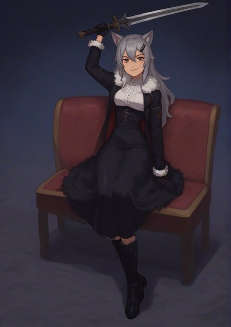 (1girl),animal ears, arm up, black dress, black footwear, black gloves, black jacket, boots, crossed bangs, dress, fur trim, gloves, grey hair, hair between eyes, hair ornament, hairclip, hand up, holding, holding sword, holding weapon, jacket, long hair, long sleeves, looking at viewer, official alternate costume, scar, scar across eye, scar on face, shirt, sitting, smile, solo, sword, weapon, white shirt, wolf ears<lora:Pears:1> Pears