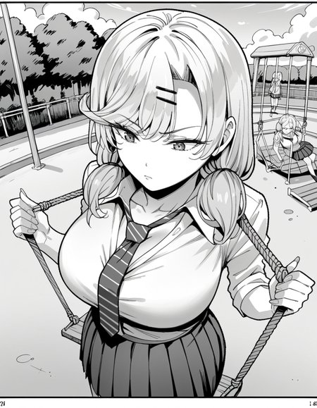 score_9, score_8_up, score_7_up, source_anime, <lora:ria-nishizono-manga-ponyxl-lora-nochekaiser:1>, ria nishizono, monochrome, greyscale, twintails, hair ornament, large breasts, hairclip, low twintails, long hair,, skirt, necktie, school uniform, pleated skirt, cleavage, shirt, miniskirt, public park, playground, swing set, laughter, sunny day, , , from above,, solo,, cowboy shot, dutch angle