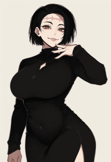 score_9, score_8_up, score_7_up, score_6_up, source_anime,
1girl, KaoriItadoriSDXL,1girl,short hair,brown eyes,black hair, scar on face, huge breasts,
long sleeves, black dress, smile, seductive, dynamic pose, simple background,
cowboy shot, sfw, close-up, <lora:kaori:0.9>   <lora:Sailen_Style:1>