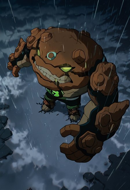 masterpiece, best quality, amazing quality, very aesthetic, absurdres, newest,, detailed background, 
 movie scene, cinematic scene, cinematic, 
gravitack, crooked teeth, 1boy, armor, monster, green eyes, solo, massive arms, big hands, brown skin, 
 from above,, night time, heavy rain, grey sky, puddles, rtx, cloudy sky,