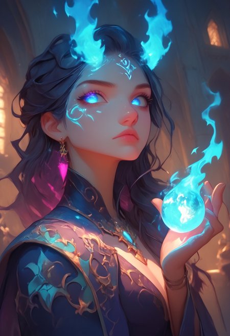 score_9, score_8_up, score_7_up, upscale 2x,(A cinematic shot of a beautiful witch with purple stylish hair, purple glowing eyes, standing with her back against the camera, looking over her shoulder, wearing a blue purple and white magical bodysuit with rich details, holding a blue burning fire orb in one hand, blue fire around her:1.2), hkmagic, Fuchsia, Dreamscape Style, Glowing Style