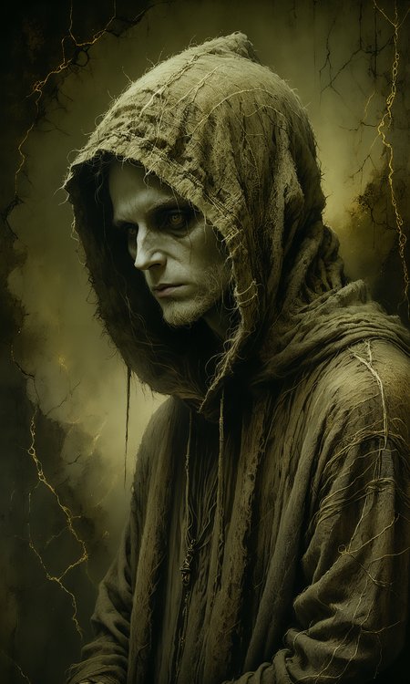 charcoal drawing, low light, side angle portrait, chiaroscuro lighting emphasizing the subject's pale, decaying face, deep shadows enhancing the gaunt eyes and hollow cheekbones, the subject wears a worn, black hooded robe,  background is a textured, cracked plaster wall with streaks of grime and faded paint, creating a haunting, oppressive atmosphere, the dim lighting casts faint reflections on the blade, muted earthy tones, grim and desolate mood, the subject’s expression is eerily calm, blending with the decayed surroundings
