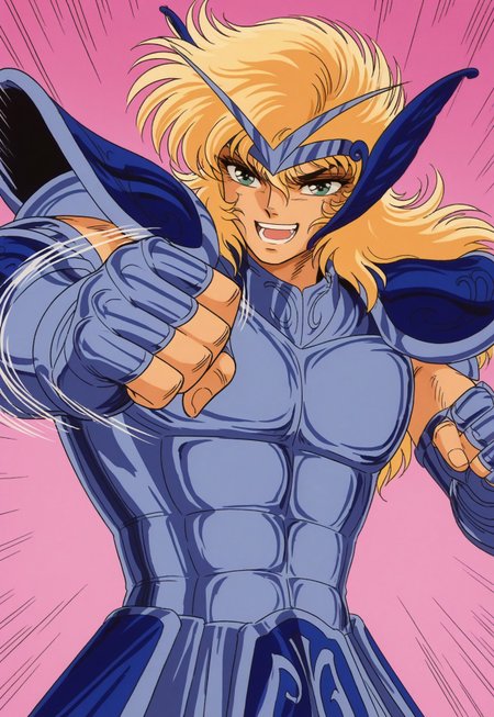 masterpiece, best quality, absurdres, zodikki1, 1boy, solo, blonde hair, green eyes,  kurumada eyes, kurumada hair, 1boy, male focus, toned male, blue eyes, wavy long hair, blonde hair, blue circlet, blue pauldrons, blue breastplate, elbow length vambraces, blue faulds, fingerless gloves, (((palm-fist tap))), upper body, action lines, simple pink background, open mouth, teeth, smile