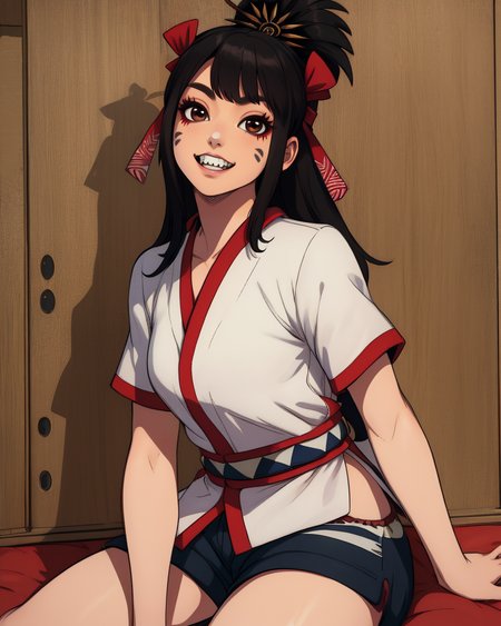 himiko, black hair, brown eyes, facial mark,  teeth,  long hair, 
white shirt, shorts, 
upper body,  sitting,   
sengoku period, store, solo,  light smile,  
(insanely detailed,masterpiece, best quality),<lora:himikoOR:0.8>,