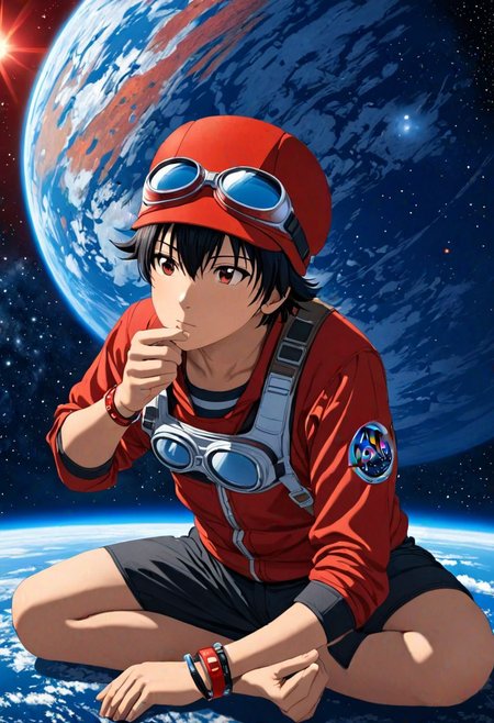 Highres, Masterpiece, High Quality, 4K, Yuusuke Fujisaki, 1boy, solo, black hair, Realistic Light, red hat, goggles, concentration, space background, red hat, goggles, bracelet, anklet