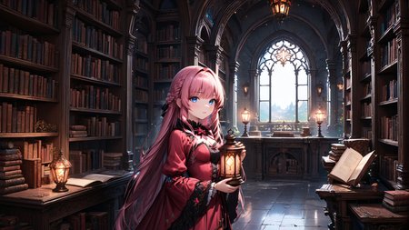 <lora:hakaseayaka-base-02-XL:0.7>,hakaseayaka,1girl with pink long hair and blue eyes,braided hair,bangs,a magical girl wearing a red and black robe,holding a lantern,searching for books on an ancient bookshelf filled with old tomes,((masterpiece)),((best quality)),8k,high detailed,ultra-detailed,inside a vintage,gothic-style castle,dim magical lighting,glowing particles,stone walls,enchanted atmosphere,intricate details,fantasy style,Cinematic Lighting,highres,<lora:detailed_notrigger:1>,<lora:xl_more_art-full_v1:0.8>,