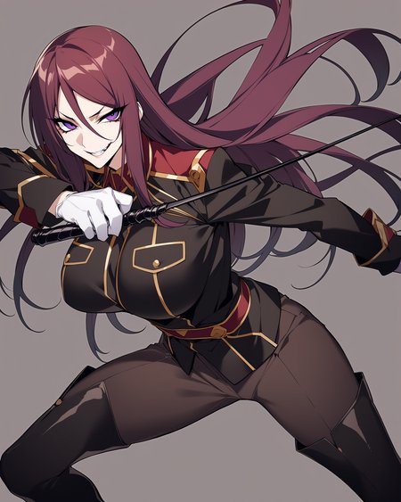BeatriceKushan, 1girl, solo, bk's uniform, bk's pants, bk's thigh boots, white gloves, holding whip, dynamic pose, simple background, evil smile, purple eyes, best quality, masterpiece, very aesthetic, by mochizuki kei, <lora:Bea&KilaKushan-anxl31:0.5>,,