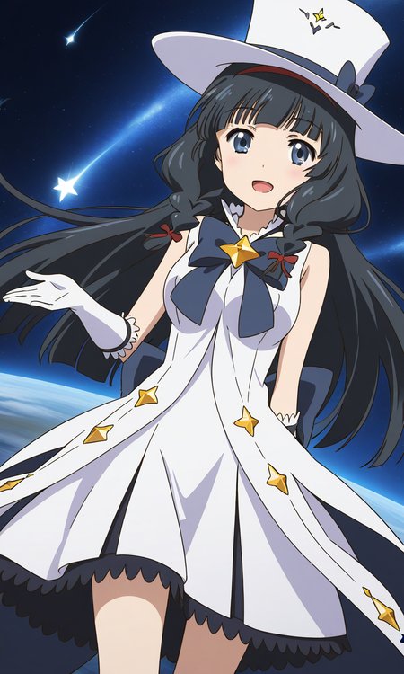 general,highres, ultra-detailed,very aesthetic,best quality ,best hands,  BREAK <lora:Itsuki_Houkago_no_Pleiades_IS:1> BREAK,
Itsuki(Pleiades), 1girl,solo, black hair, long hair, blue eyes, red hairband, twin braids, blunt bangs,breasts, anime coloring, BREAK,
hat, solo, gloves, open mouth,  top hat, space, magical girl, smile, bow, white headwear, white dress, star (symbol)