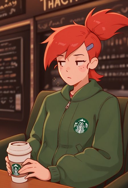 WhimsiFantasystyle,  masterpiece, best quality,  frankie foster, seated in starbucks, holding coffee cup, red hair, green jacket, unimpressed,