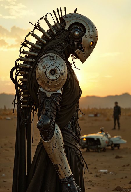 (in Otomo Katsuhiro style:1.4), high-quality, masterpiece, Photo of a cyborg with a cracked mechanical spine, alone on a desolate battlefield, their glowing eyes scanning the horizon, a half-destroyed war drone lies beside them, Style is Sci-fi with war-torn elements, Lighting is Harsh with strong shadows from the setting sun, High contrast, wide-angle shot, cinematic lighting, battle scars, (elaborately detailed attire with extraordinary elements:1.1), (hyperdetailed:1.1), (intricate details:1.0), (Refined details:1.1), (best quality:1.1), (high resolution:1.2)