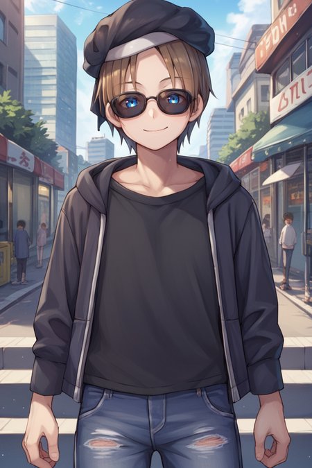 (score_9, score_8_up, score_7_up, score_6_up), source anime, BREAK, <lora:Roswell_Branthese:0.6> , medium hair, RoswDef, 1boy, brown hair, blue eyes, black beret, casual clothes, black shirt, black jeans, sunglasses, smile, closed mouth, looking at viewer, solo, <lora:zy_Detailed_Backgrounds_v1:0.5> , detailed background, highly detailed,  city, skyscrapers, exterior,
