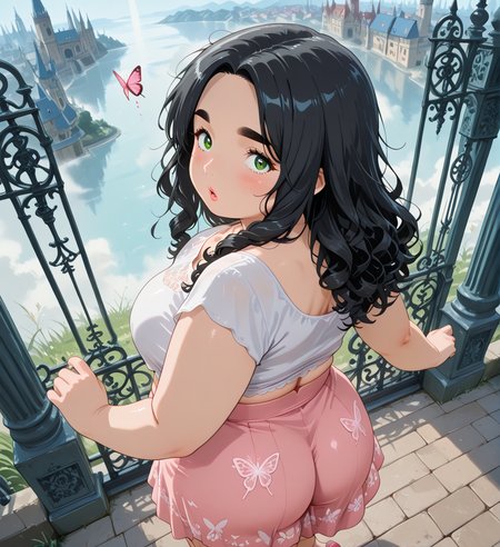 IllusP0s, PonyScores7, source_anime, ah1, IllustriousQual, interesting, exciting, spectacular, wonderful, amazing quality, absolutely eye-catching, very awa,
BREAK <lora:xl_more_art-full_v1:0.2>, <lora:aesthetic_anime_v1s:0.2>, <lora:detailxl:0.2>, detailxl, amazing quality, best aesthetic, absurdres, illustration, Volumetric_Lighting, ultra-detailed, very aesthetic, intricate details, best_quality, lazympos, <lora:Add_Details_v1.2:0.4>, <lora:quality_modifiers_masterpieces_v1:0.2>, anime style, <lora:HDA_Detailer:0.3>, <lora:natsumi_style:0.2>, <lora:by_usakun-pony:0.2>, by usakun, <lora:Akina_Bbw_Style_-_PonyXL:0.2>, AkinBw,
BREAK (((Viennese Waltz Dance))), dynamic pose,
BREAK 1girl, mature female, (curvy), round-chin, caucasian, <lora:ETO_OC_Illustrius:0.5>, eto_oc, skindentation, (plump), thick thighs, wide hips, busty, voluptuous, round ass, large breasts, <lora:plussizegirls_IL:0.3>, <lora:plussizegirls_pony:0.3>, <lora:shinyskin2:0.2>, glistening skin, HDA_FatGirlXL, <lora:perfection style:0.2>, perfection style, perfection, 
BREAK ((pink butterfly patterned skirt with a high waist and layered ruffles paired with a white crop top and pink ballet flats)),
BREAK (curly hair), long hair, (black hair:1.4), (parted hair:1.7), messy hair, kinky curls, detailed hair, <lora:hairdetailpxl:0.2>, hairdetailpxl,
BREAK (half green and brown eyes), (colorful eyes), (multicolored eyes), (downturned eyes:1.4), expressive eyes, perfect eyes, eyes hd, detailed eyes, (round face:1.2), (thick eyebrows:1.3), (plump face), lips, <lora:Round_face:0.2>, iris lines, <lora:Detailed eyes-Illustrious:0.3>, iris and pupil, soft shimmer on the iris,
BREAK (((Confusion expression))), Expressive, emotional, looking at viewer, Face Detailed, <lora:Expressive_H:0.2>, Expressiveh, <lora:Emotional_Anime_Expressions_PonyXL_Concept:0.2>, <lora:Best_Facial_Expression_LoRA_PONY:0.2>, looking at viewer, <lora:Detailed expressive EXEV style -XL Pony V1.0:0.2>, FaceDetail, <lora:Best_Facial_Expression_Helper_XTREME_ILLU:0.4>, kaogei,
BREAK (((A misty early morning at the Palau Güell, Barcelona, with its ornate ironwork and unique design shrouded in soft fog, the light filtering through creating an ethereal atmosphere, capturing the essence of Gaudí's artistry in a tranquil environment))), ((((from above), (from back), at a medium distance, head focus))), 4k, 8k, Ultra HD, Masterpiece, Best quality, Detailed background, foreshortening, extreme perspective, full_details, <lora:AddMicroDetails_Illustrious_v4:0.3>, addmicrodetails,
