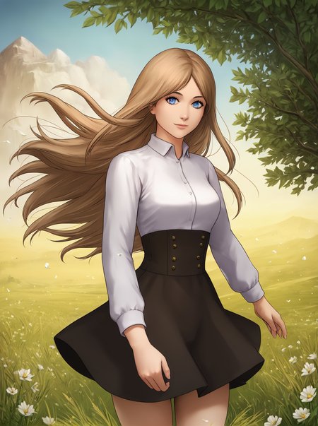 score_9, 
<lora:matoc_v1_lite:1>, 
1girl, 
long hair, light brown hair, brown hair, blue eyes, 
black high waist skirt, white shirt, 
looking at viewer, light smile, 
cowboy shot, 
outdoors, flowers, grass, 
hair in wind, 
high resolution, Masterpiece, detailed