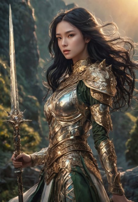 "A mighty warrior stands upon a hill, in a landscape filled with beauty and light like that of an Elysian paradise. She has long, black hair that glows with energy, strands dancing in the air as if infused with magic. Her piercing eyes reflect an otherworldly strength, while her face exudes wisdom and determination. She wears divine chrome armor with intricately designed ornate details and gold accents. The armor is highly detailed with sharp edges and a mystical, emerald green glow emanating from several points, particularly around her shoulders and chest. In her left hand, she holds a massive, ornate sword, crackling with an ethereal golden aura. The angelic Elysian environment emits a powerful energy of light that envelops the scene in epic fashion.