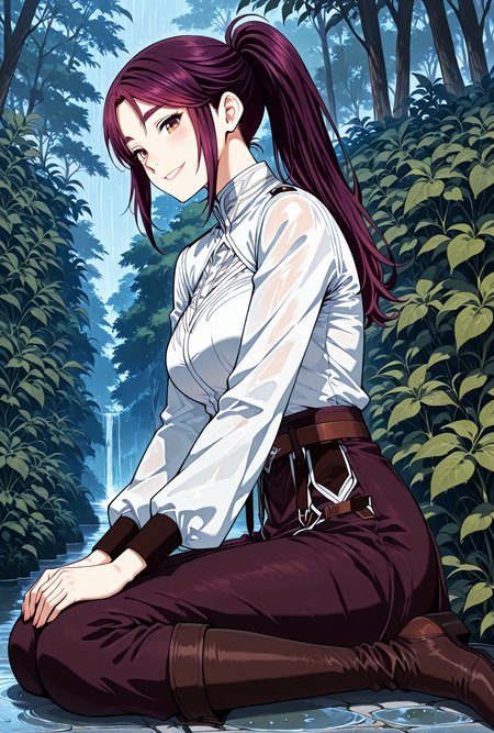 <lora:Vanesy_Glory__The_Beginning_After_the_End__Illustrious:1>
1 girl, solo, brown eyes, purple hair, long hair, ponytail, sidelocks, thick eyebrows, 
uniform, white shirt, long sleeves, belt, boots, <lora:iLLMythG0thicL1nes:1>
score_9, score_8_up, score_7_up, very aesthetic, source_anime, detailed, high quality, beautiful, detailed eyes, masterpiece, best quality, absurdres, perfect anatomy, 1girl, solo, wariza, sitting, hands on own knees, garden background, charming smile, rain