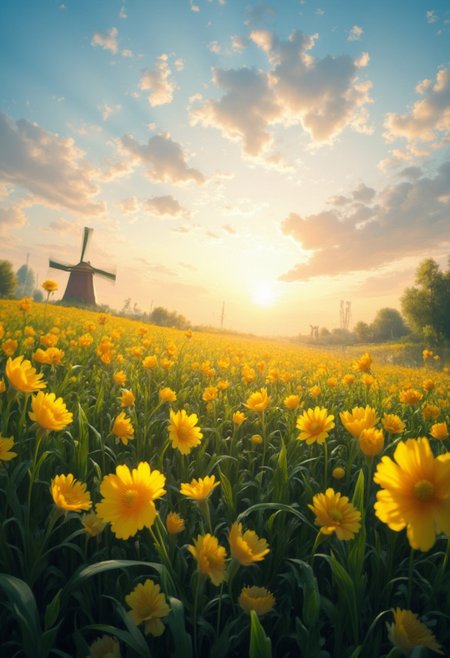 detailed background, from above,( Calm spring morning landscape), beautiful view, Flower Field, canola flower in full bloom, canola flower, early morning, sunrise sky, beautiful clouds, dappled sunlight, 
I can see a windmill in the distance, 
depth of field, masterpiece, best quality, ultra-detailed, very aesthetic, illustration, perfect composition, intricate details, absurdres, moody lighting, wisps of light, no humans,