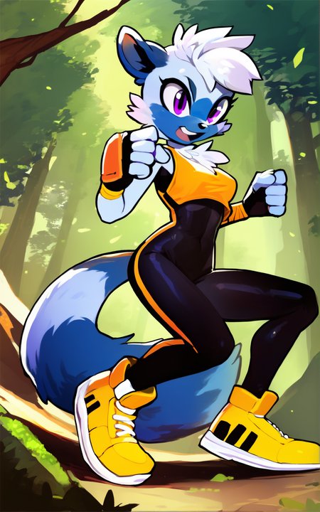 score_9, score_8_up, score_7_up,((best quality)),((full body)), absurdres,<lora:3d-2d:0.8>,   <lora:TangleTheLemurSDXL:0.75>,TangleTheLemurSDXL,furry female, furry, gloves, tail, animal ears, fingerless gloves,purple eyes, short hair, shoes,animal nose,white hair,bodysuit, bandages, yellow footwear, skin tight,blue fur, black bodysuit, Sleeveless,yellow  crop top,solo,slim,Action pose,forest