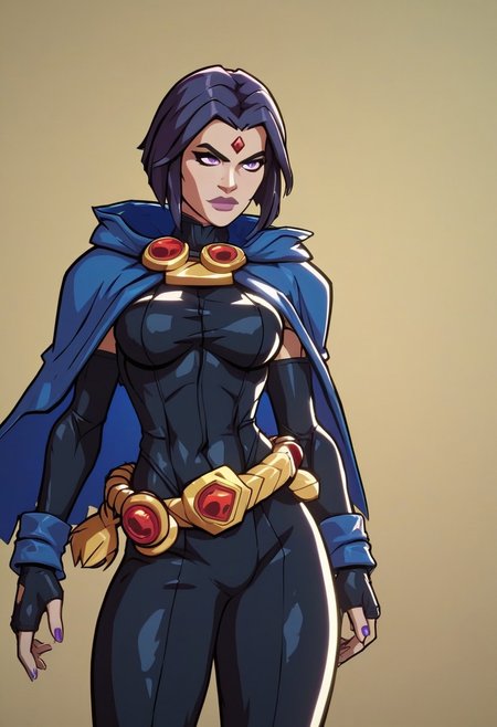 score_9, score_8_up, score_7_up, 1girl,Raven (DC), Gray skin, forehead jewel, dark leotard, blue cape, violet eyes, bare shoulders, long sleeves, Pettie build, bob cut, belt ,
 <lora:2XKO_style:1>, 2XKO,