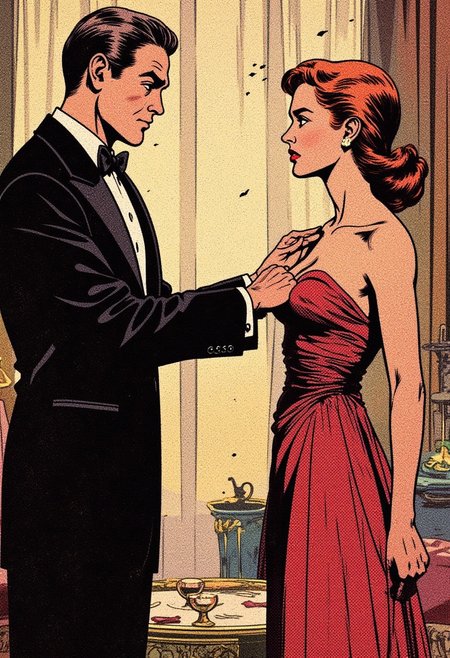 intricated details, (funny: 1.2), a man is touching a woman's boobs with one hand, and the woman is super annoyed about it. The man wears a tuxedo and the woman wears a long dress.