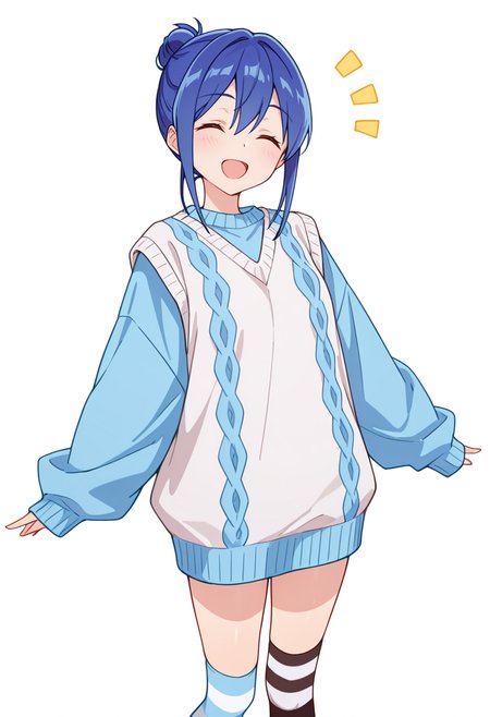 masterpiece,high quality details,absurdres, 
<lora:Mamiya_Kanoko:0.8> 
kanoko_cnr, 1girl, blue hair,hair between eyes, sidelocks, single hair bun,, simple background, white background, front view,solo,, ^o^,, vest,oversized sweater ,thighhighs, ,mismatched legwear kneehighs,