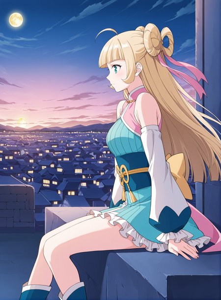 <lora:Mu_Qing_Luan__Battle_Through_the_Heavens__Illustrious:1>
1girl, solo, blonde hair, twin buns, long hair, ahoge, blunt bangs, teal eyes, anime style, 
blue and pink outfit, oriental dress, short dress, frilled skirt, pink sash, golden bow, detached sleeves, long sleeves, blue boots, big cuffs, ribbon details, open shoulders, 
score_9, score_8_up, score_7_up, score_6_up, source_anime, masterpiece, best quality, absurdres, highres, newest, anime coloring <break>  1girl, solo, sitting, on wall, from side, town, night sky, cloud, night, golden moon