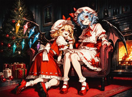 2girls, flandre_scarlet ,remilia_scarlet, ascot, back_bow, bat_wings, black_wings, blue_hair ,bobby_socks ,bow, bow_legwear, center_frills ,crystal,crystal_wings, fang, fingernails ,frilled_cuffs, frilled_shirt_collar, frilled_skirt ,frilled_sleeves, frilled_socks, frills, hat ,hat_bow ,long_hair,looking_at_viewer , mary_janes, mob_cap ,multiple_girls ,open_mouth, puffy_short_sleeves, puffy_sleeves, red_bow, red_eyes ,red_footwear, red_moon ,red_nails ,red_ribbon ,red_skirt, red_vest, ribbon, ribbon-trimmed_skirt ,ribbon_trim, sharp_fingernails ,shirt ,shoes, short_hair, short_sleeves, siblings, side_ponytail ,sisters, skirt ,skirt_set ,sleeve_ribbon ,smile, socks ,vest,white_bow ,white_hat ,white_shirt ,white_skirt, white_socks ,wings ,wrist_cuffs ,yellow_ascot,
chrlib, scenery, indoors, living room, night, oven, christmas tree, christmas ornaments, red carpet,
, Fishine,ireading ,noya_makoto ,quasarcake, retro_artstyle, retro,looking_at_viewer ,
masterpiece, best quality, amazing quality, very aesthetic, absurdres,  newest, <lora:ponyv5_noobE11_1_adamW:0.6>, <lora:add-detail-xl:0.5>, <lora:cfg_scale_boost:0.5>, <lora:retro_scifi_artstyle:0.6>, <lora:USNR STYLE_XL_loha:0.6>, <lora:Christmas living room:0.6>