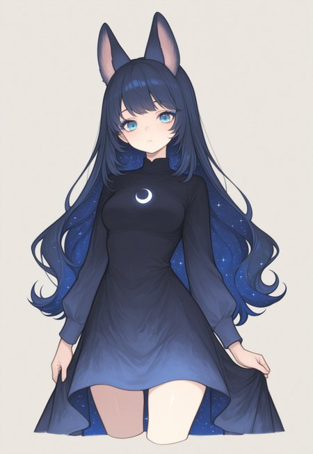 masterpiece, painting \(medium\), best quality, absurdres, newest, very aesthetic, amazing quality, highres,
BREAK, 
1girl, solo, princess luna, personification, dark blue hair, long hair, starry hair, multicolored hair, blue eyes, blue eyeshadow, looking at viewer,  simple background, cropped legs,
BREAK,
 kemonomimi mode, HR-Illu