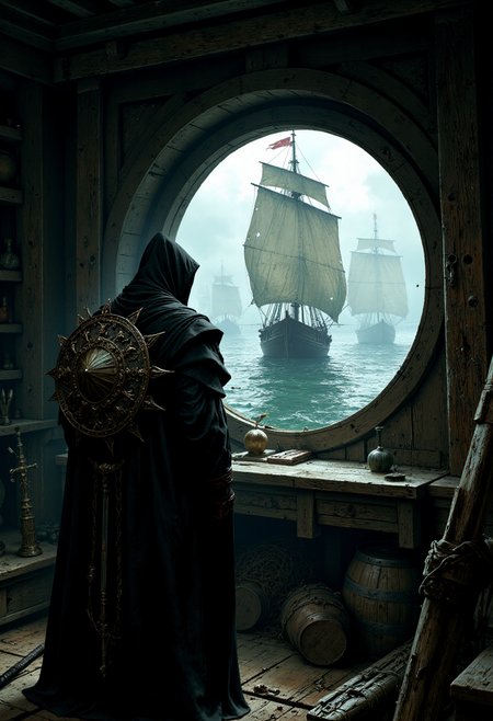 Image is a digital artwork depicting a mysterious, cloaked figure standing inside a dimly lit ship's cabin. The figure, dressed in a dark, tattered cloak, has their back to the viewer, with a large, ornate shield strapped to their back and a sword sheathed at their side. The cabin is rustic, with wooden walls and a large, circular window dominating the scene. Through the window, a majestic sailing ship with billowing sails is visible on a misty sea, creating a sense of adventure and intrigue. The lighting is moody, with shadows accentuating the textures of the wood and the figure's cloak. A large wooden barrel is positioned in the lower right corner, adding to the nautical theme. The overall atmosphere is one of mystery and anticipation, evoking a sense of a journey or quest about to unfold. <lora:FluxMythP0rtr4itStyle:0.6> <lora:flux.1_lora_flyway_Epic-Characters_v1:0.4> <lora:Elden_Ring_-_Yoshitaka_Amano:0.33>