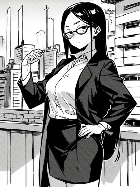 score_9, score_8_up, score_7_up,  
1girl,  monochrome, aoi ee, medium breasts, black eyes, glasses, black hair, long hair, 


standing, bored, narrowed eyes, looking at viewer, formal, office lady, black jacket, white shirt, black skirt, hand on hip, outdoors, city, solo,