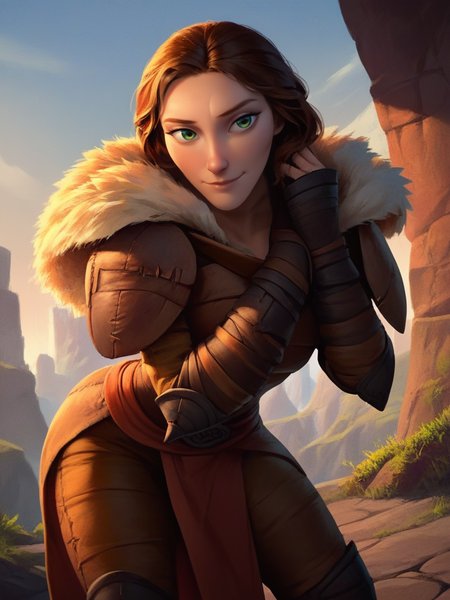 score_9, score_8_up, score_7_up, 1girl, dynamic pose, cowboy shot, looking at viewer, sexy pose, sexually suggestive, naughty face, dutch angle, valley, vegetation, hand on hair, leaning forward, 
 <lora:AValka_character:0.8>, ValkaXL, brown hair, green eyes, armor, shoulder armor, pauldrons, fur trim, gauntlets, cartoon, <lora:Bonifasco_PonyXL_v1:0.6>