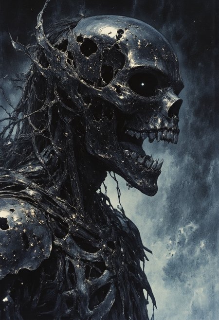 Off-center composition, right-aligned dynamic composition, an other wordly alien like monstrous skeletal creature, black glossy fractal skin leather texture, slimey, teeths, profile of a skeletal wolf with gaping jaws sharp teeth, disheveled fur fused half with a human set against a dark smoky background. The lighting accentuates the bone's texture and eerie atmosphere, cinematic film still, shallow depth of field, vignette, highly detailed, high budget, bokeh, cinemascope, moody, epic, gorgeous, film grain, grainy, cyberpunk style, glowing eyes, weird creature, blood moon in the background, Attack mode, hunting, on the move