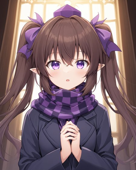 himekaidou hatate,1girl, solo, twintails, tokin_hat, looking_at_viewer, upper_body, long_sleeves, coat, open_mouth, breath, hair_ribbon, signature, checkered_scarf, purple_scarf, own_hands_together
<lora:himekaidou_hatate_image2639_2023-12-20-000010:1>,star-shaped_pupils,symbol-shaped_pupils,. gorgeous,key visual, vibrant, studio anime,award-winning, professional, highly detailed,high budget, cinemascope