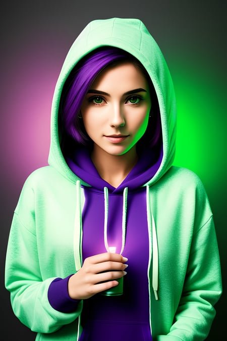 a woman in a hoodie holding a green and purple light