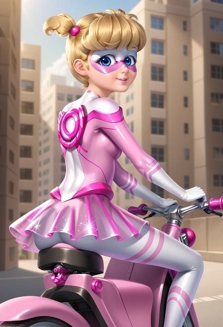 Masterpiece, best quality, amazing quality, absurdres, highly detailed, very aesthetic, 1girl, Pigella, blonde hair, blue eyes, twintails, short twintails, bangs, pink lipstick, eyelashes,, superhero, mask, domino mask, bodysuit, sparkly pink bodysuit, mangeta lines, white V-necked bodysuit, pink skirt, transparent skirt, mini skirt,  white stripes, swirly pattern on her chest, skin tight, riding scooter,