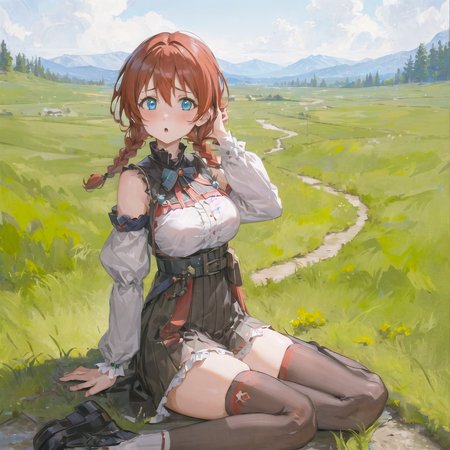 (((masterpiece))), ((best quality)), ultra high res, detailed, 
<lora:emmaverde:0.9>
1 girl, blue eyes, red hair, twin braids,