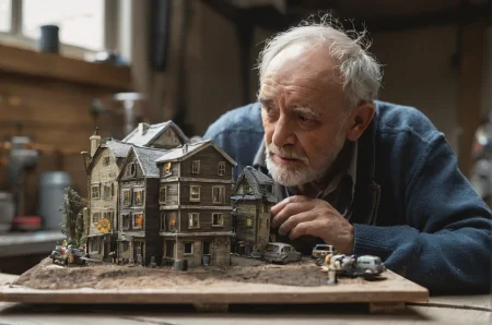 face of an old man partly out of frame inspecting his big (miniature city sculpture) that sits (on top of a rough wooden table), tiny bonfire, inside a old dust garage, (city in focus), hyper realistic, photorealism, rough skin, imperfections, (dark moody), vivid lighting, depth of field, bokeh, atmospheric haze, macro shot, extremely detailed, sunrays piercing the window, up-close, raw photo, zoomed in