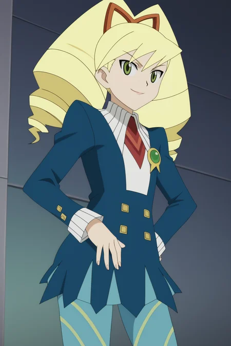 score_9, score_8_up, score_7_up, source anime, prefect lighting, very aesthetic, BREAK, anime coloring, anime screencap,
 <lora:luna_platz_mega_man_v1-pony6:1>, 1girl, luna platz \(mega man\), mega man star force \(series\), green eyes, blonde hair, twin drills, 
echo ridge school uniform, echo ridge school uniform, dress, blue pantyhose, striped pantyhose, 
BREAK, looking at viewer, light smile, 
BREAK,