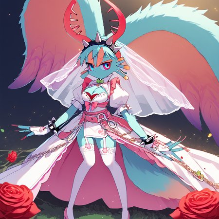 1girl, solo 
 <lora:Elfilis:1.3> Fecto Elfilis, blue fur, multicolored eyes, head wings, colored sclera, fluffy tail
 <lora:ElpheltDress:0.8> 3LPH3LTDress, dress, cleavage cutout, four-leaf clover, spiked hairband, red bra, puffy sleeves, long sleeves, bow, spiked bracelet, juliet sleeves, earrings, clover, jewelry, veil, wedding dress, spikes, garter straps, white thighhighs, side slit, belt, pink bow, spiked bracelet, fake animal ears, rose, red rose, white gloves, fingerless gloves, side slit