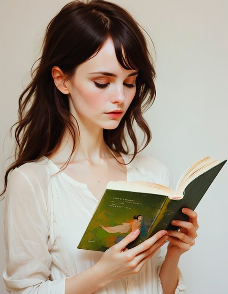 a radiant film still by conrad roset of a woman looking like jaynexl4 reading a book