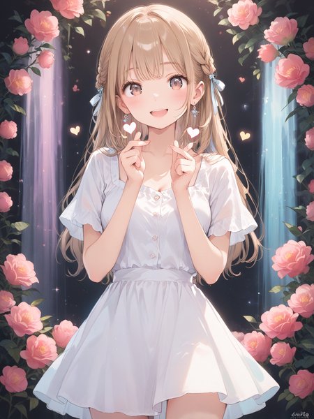 abs zPDXL, score_9, score_8_up, score_7_up, source_anime, rating_questionable, best quality, masterpiece, 4k, perfect lighting,  BREAK 1girl, cpp_dice, long hair, brown hair, medium breasts, white sundress, smile, double finger heart <lora:cpp_dice-000146:0.6>   <lora:half up braid_pony_V1.0:0.6> half up braid  <lora:granblue_fantasy_v2:0.2> gbfpxnl <lora:anmiXLP6lokrV3236F8:0.2>  <lora:finger_heart_korean_retry_1:0.6>
