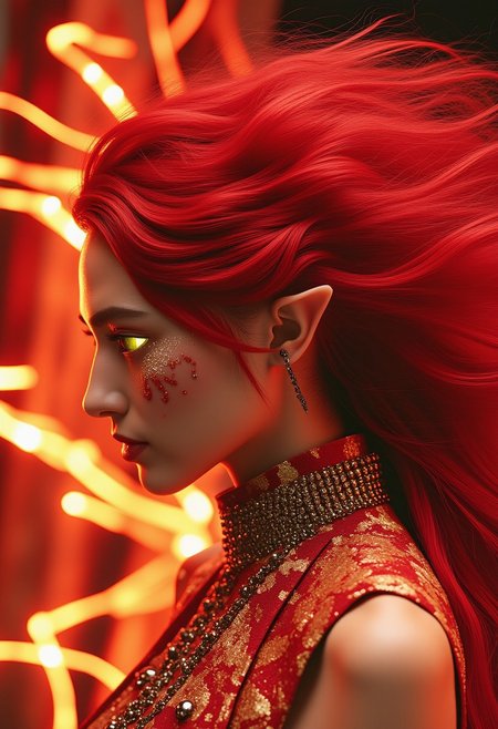 A photo in aestheticphotographyjp style, captured with a Fujifilm X100VI (f/2.8, 120mm). A side profile of a radiant fantasy character with pale skin, elongated elf-like ears, and fiery, flame-like red hair flowing with dynamic energy. Their face is adorned with intricate red and gold patterns, resembling shimmering gemstones, while piercing yellow eyes glow with an intense, otherworldly allure. Clad in a high-collared, pearl-studded garment with metallic accents, they exude elegance and power. The background is an otherworldly tapestry of swirling crimson clouds, glowing embers, and faint golden arcs of light, adding depth and drama while amplifying the character's fiery brilliance, NewFantasyCore, mythp0rt