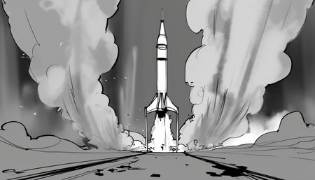 storyboard sketch of Rocket launching from a spaceport, flames and smoke billowing, shaking the ground.  <lora:storyboard sketch:0.8>
