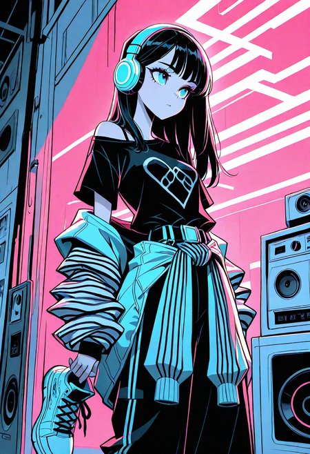 masterpiece, best quality, 1girl, solo, eyelashes, (beautiful eyes),     standing, cowboy shot, shoes, striped, belt, pants, off shoulder, headphones, sneakers, clothes around waist, fashion,   <lora:Style60_IXL:1.0>,
