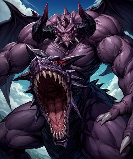 score_9, score_8_up, score_7_up,
<lora:Zorc_Necrophades_(Yugioh)_(Pony)_(AD):1> Zorc, Yugioh_anime, powerful muscular body, purple skin, red eyes, horns, 
8K, In'ei, chiaroscuro, depth of field, clear_eyes,
perfect hands, perfect proportions, 
dynamic pose, detailed anime background, detailed photographic fluffy anime clouds, masterclass anime, demon, monster, sharp teeth, in the style of the anime Yugioh, Zorc Necrophades, sharp teeth, teeth, tail, colored sclera, slit pupils, kaijuu, monster, giant, 
BREAK zPDXL, zPDXLxxx,