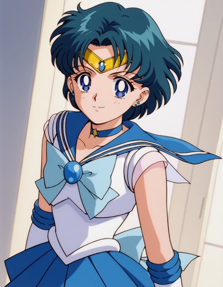 score_9, score_8_up, score_7_up, source_anime, <lora:ami-mizuno-supers-movie-ponyxl-lora-nochekaiser:1>, ami mizuno, blue eyes, blue hair, short hair, parted bangs,, back bow, blue bow, blue choker, blue sailor collar, blue skirt, bow, choker, earrings, gloves, jewelry, magical girl, miniskirt, pleated skirt, sailor collar, sailor senshi uniform, skirt, stud earrings, tiara, sleeveless,, indoors, smile, looking at viewer, solo,, cowboy shot, dutch angle